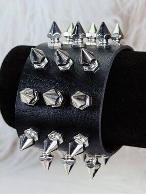 Lightweight, steampunk, black faux leather, silvertone spiked costume bracelet